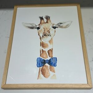 Giraffe Illustration with Blue Bow Tie in Wooden Frame
